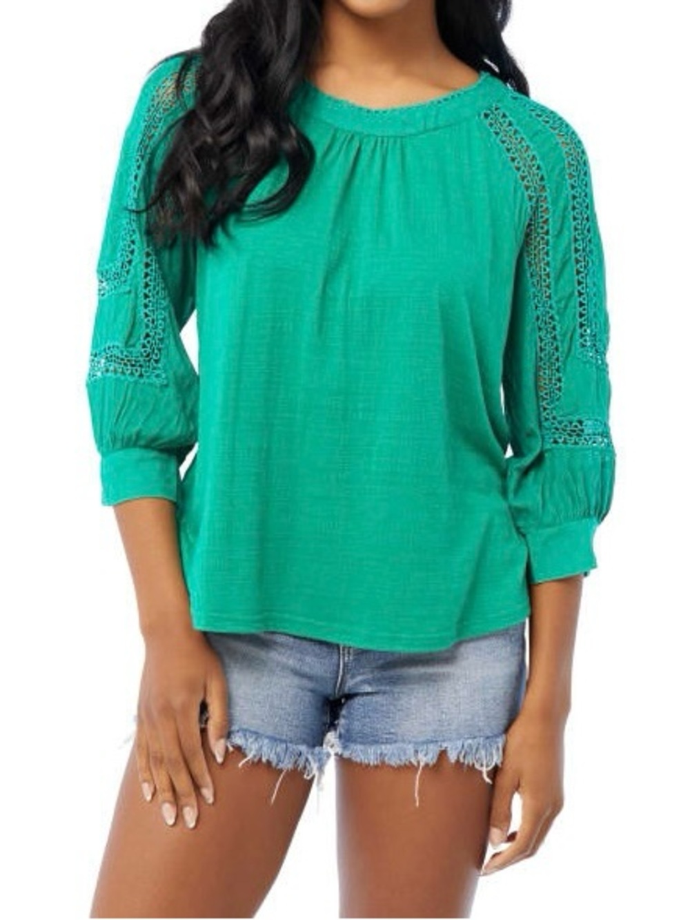 Women's Green Crochet-Sleeve Boho Top